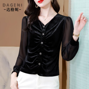 潮 褶皱收腰显瘦洋气内搭小衫 黑色V领丝绒打底衫 女2026春秋新款