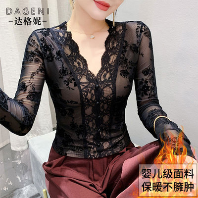 常规/加绒V领蕾丝打底衫女