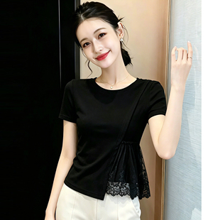 黑色圆领短袖T恤女2026夏季新款蕾丝拼接小衫不规则收腰大码上衣