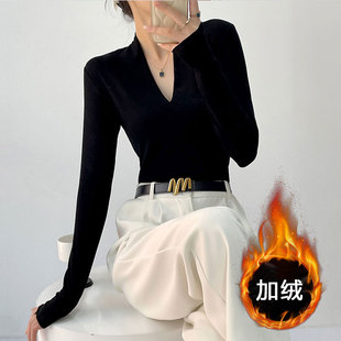 常规/加绒 黑色百搭小V领打底衫长袖T恤女2026年冬季内搭修身上衣