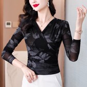 洋气收腰长袖 气质交叉V领网纱打底衫 印花小衫 新款 上衣 女2026秋季