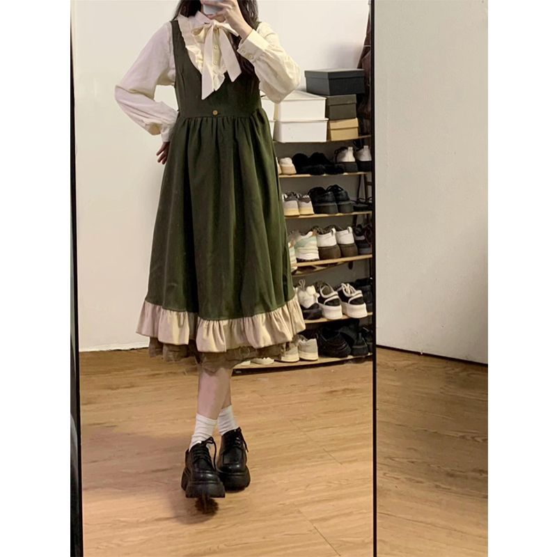 新款森系小个子背带裙连衣裙套装学院风百搭遮肉田园休闲裙子女