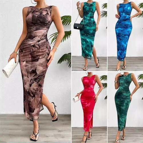 Womens single shoulder hollow printed pleated dress