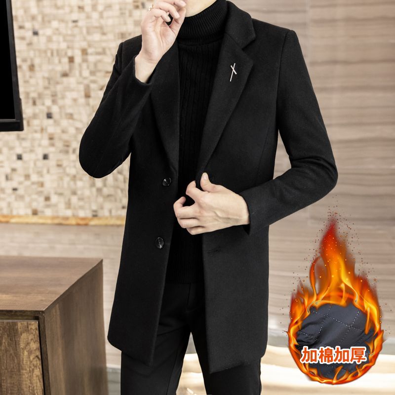 秋冬季呢子风衣外套男士加绒加厚韩版潮流修身拼接中长款毛