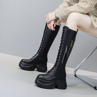 震地王2024秋冬欧美真皮内增高厚底骑士靴长靴小个子显瘦10CM高筒