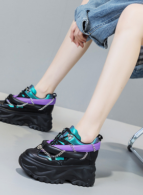 震地王老爹鞋女设计感小众ins真皮9cm内增高2023春秋厚底运动单鞋