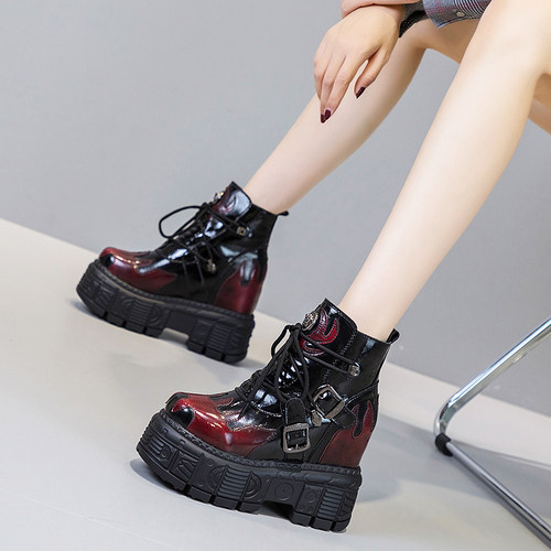 震地王厚底内增高真皮高跟短靴潮