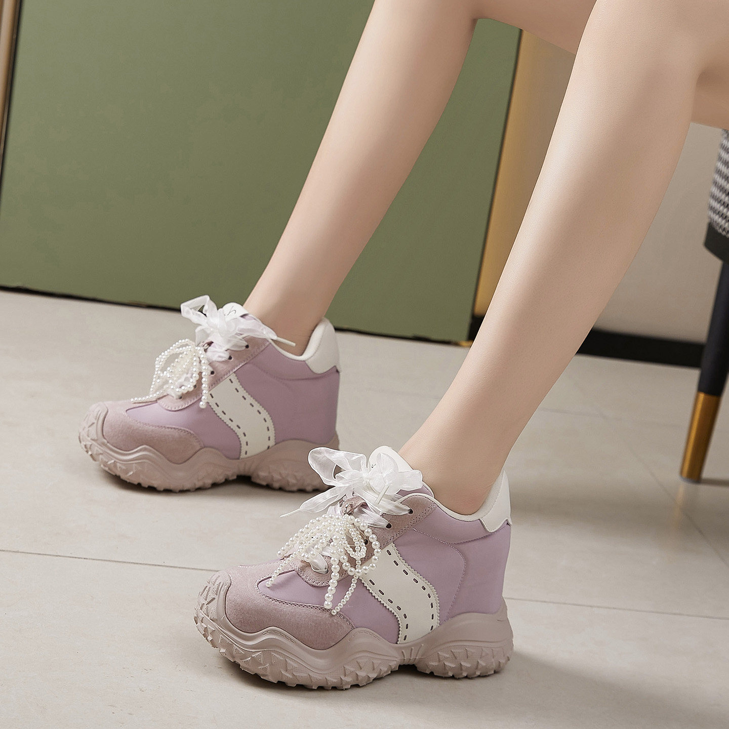 震地王小香风2025春秋新款厚底内增高小个子12cm真皮运动德训鞋女,女鞋,时尚休闲鞋,淘宝优惠券,粉丝福利购,淘宝优惠卷