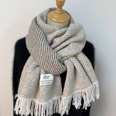 温柔米色拼接秋冬季针织围巾女保暖百搭高级感毛线中性风围巾男