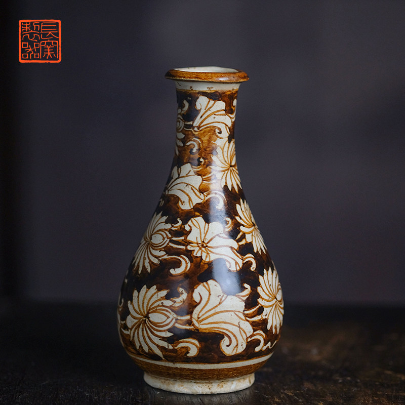 长窑制器 仿宋吉州窑卉纹胆瓶 家用中式手绘陶瓷花瓶桌面摆件装饰