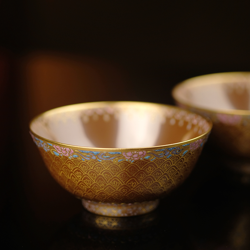 长窑重器 仿雍正紫金釉描金对杯 长物居 家用中式仿古茶具茶杯