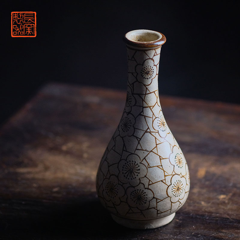 长窑制器 仿宋吉州窑冰梅纹胆瓶 景德镇手工中式家用花瓶文房摆件