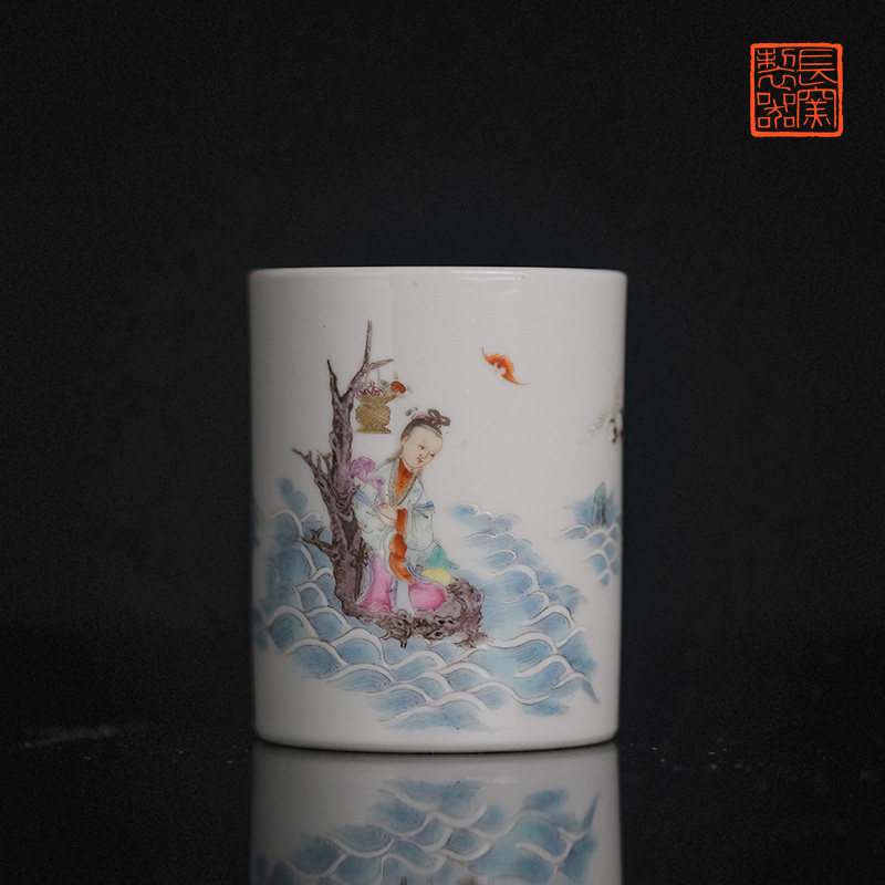 长窑重器 仿乾隆粉彩仙鹤人物小笔筒 手工手绘景德镇家用文房摆件