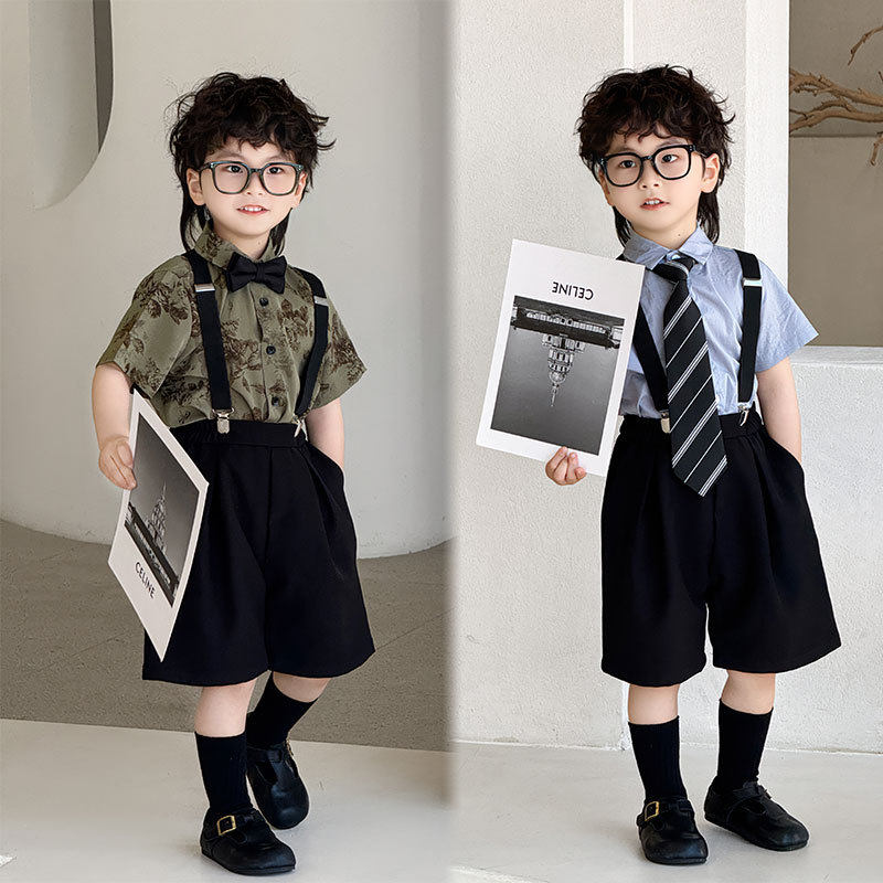 儿童迷彩西装背带套装2025夏季男童短袖花衬衫生日演出服潮礼服