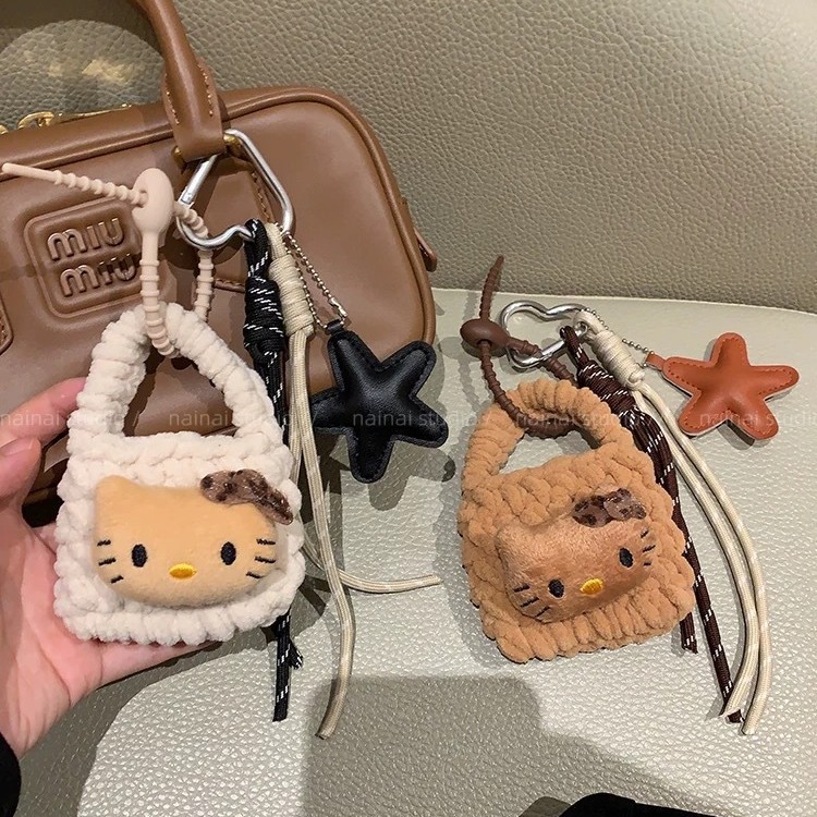 ins风小众kitty包包挂件豹纹KT耳机收纳挂绳钥匙扣毛绒耳机包秋冬