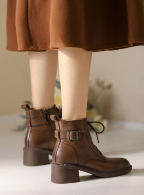 西村名物（微瑕）真皮复古加绒马丁靴女短靴高跟女靴44231