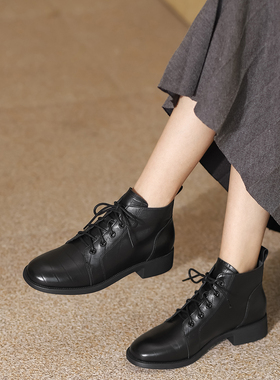 西村名物（微瑕）牛皮马丁靴女英伦风网红弹力系带短靴粗跟43841