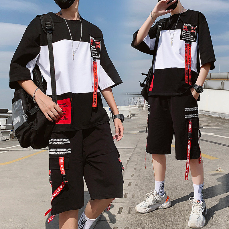 夏季短袖t恤男生套装休闲cargo工装五分短裤韩版潮牌搭配一套帅气|ruв категории Мужская одежда, брюки - от Buy2taobao.com для оказания профессиональной услуги покупки агента Taobao