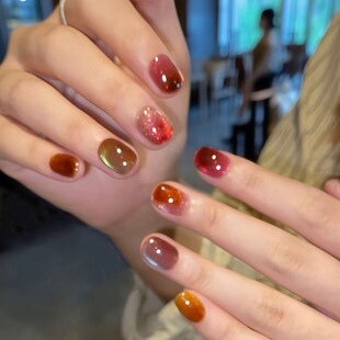 流行 手工穿戴甲显白纯欲猫眼渐变腮红光疗美甲四季 琉璃迹