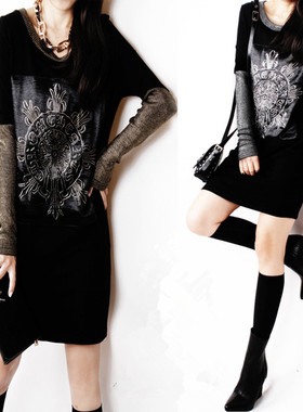 秋冬显瘦内搭大码打底衫长袖t恤衫女中长款外穿宽松T裙加绒加厚