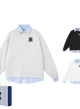 奥莱联名假两件拼接条纹卫衣男士春秋季潮流衬衫领学院风长袖上衣