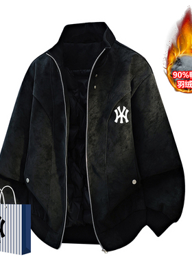 奥莱联名美式复古短款90鸭绒羽绒服男士PU皮保暖冬季外套大码皮衣