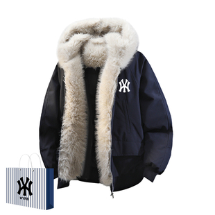 奥莱联名冬季新款连帽鸭绒羽绒服男士时尚袄子保暖座山雕宽松外套