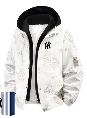 奥莱联名春秋季男士连帽假两件夹克学生美式宽松百搭新款潮牌外套