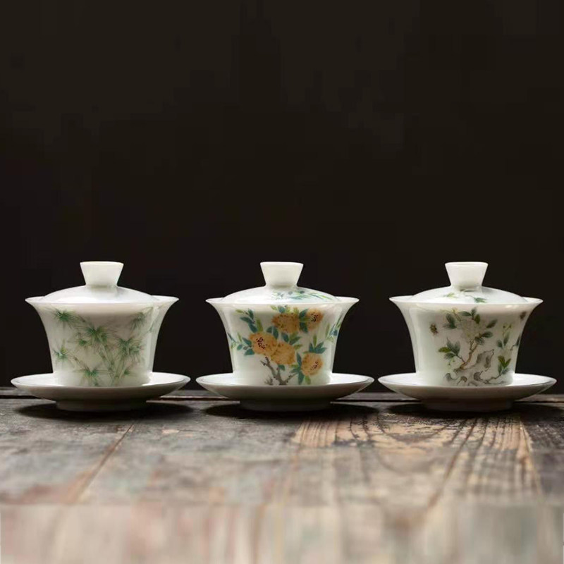 遇见新品甜白盖碗茶杯三才功夫茶具青白薄胎不烫手家用陶瓷小盖碗