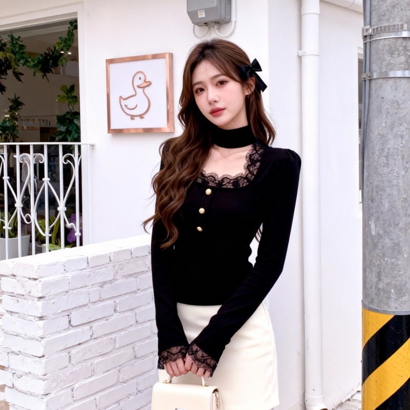 法式蕾丝拼接方领挂脖长袖T恤