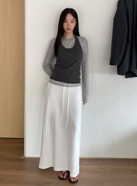 TG 韩系气质垂感宽筒显瘦半身裙女2025秋季新款系带高腰长裙25473