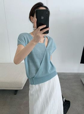 TG 不规则镂空设计感针织衫女2025夏季新款系扣显瘦纯色上衣24897