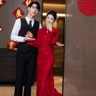 新中式结婚敬酒服新娘新娘订婚喇叭袖礼服裙高级红色出阁宴旗袍裙