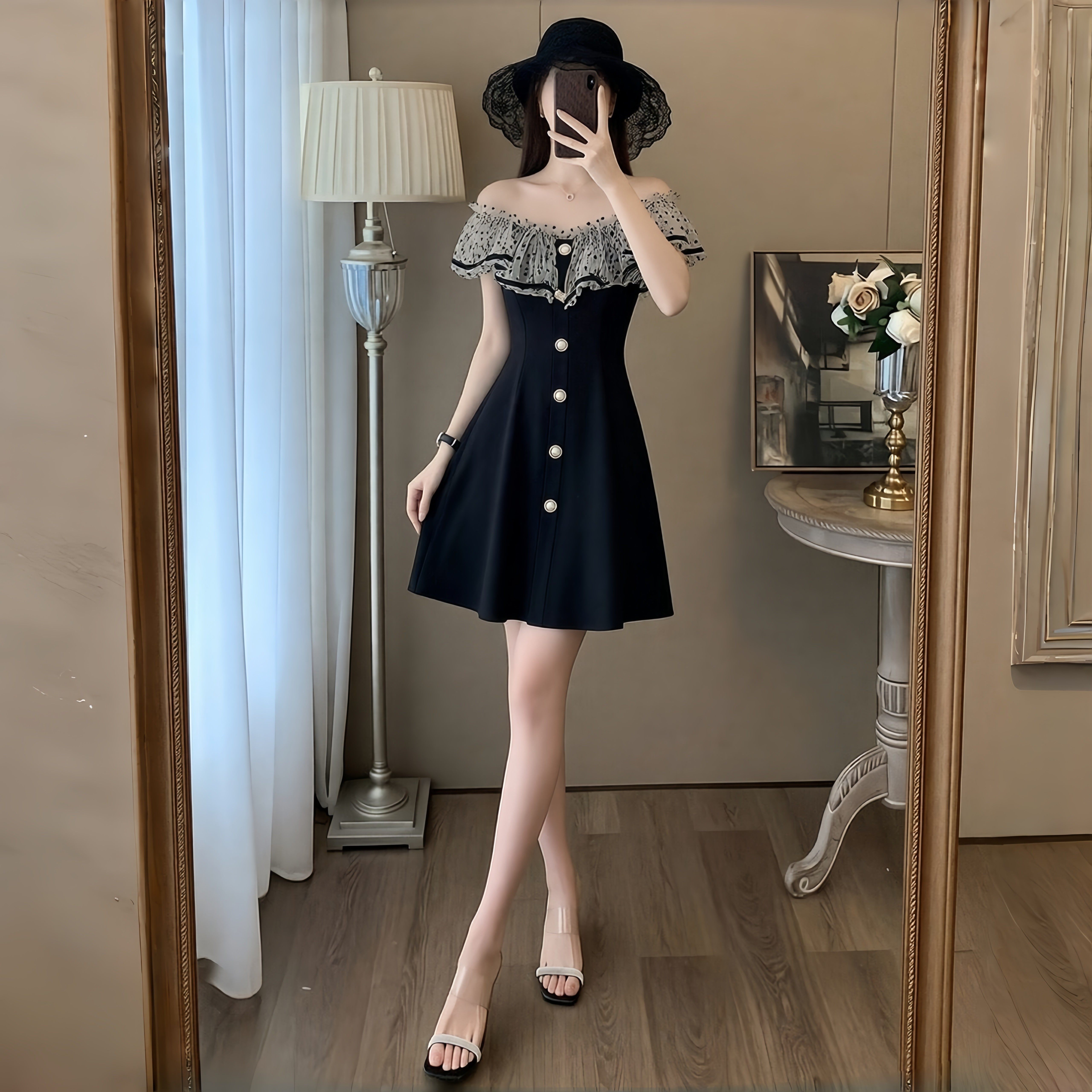 赫本风一字肩荷叶边连衣裙女黑色小个子收腰显瘦A字裙气质裙子女,女装/女士精品,连衣裙,淘宝优惠券,粉丝福利购,淘宝优惠卷