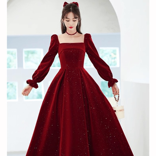 宴会酒红色长袖连衣裙方领秋冬新娘平时可穿女长款晚礼服高贵气质