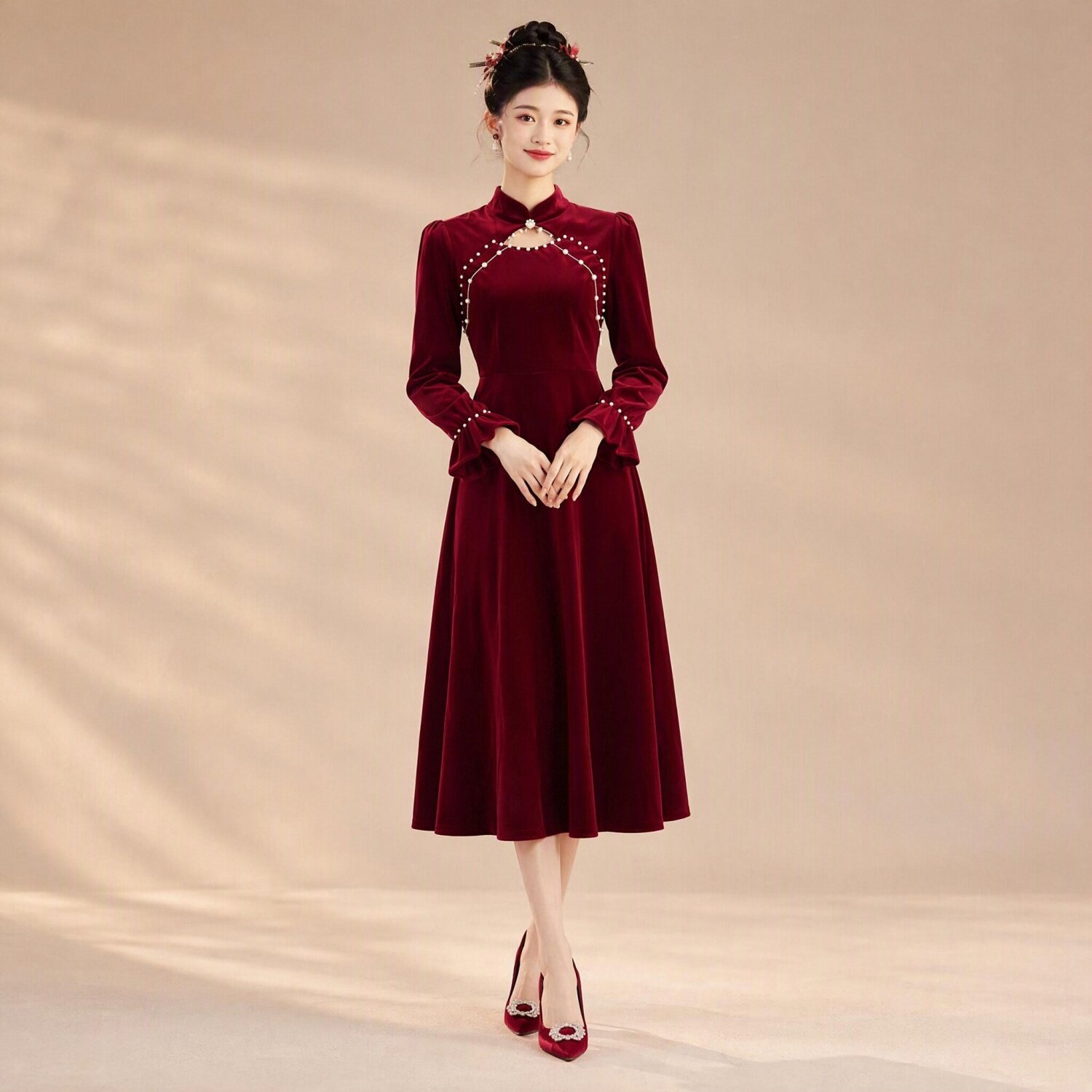 新中式立领敬酒服长袖钉珠收腰A字中长裙结婚宴会气质礼服裙子女