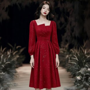 法式红色敬酒服女修身中长款方领小个子新娘结婚订婚礼服平时可穿