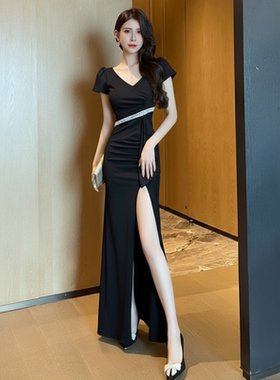 夜总店性感连衣裙长款晚礼服裙黑色收腰遮肚修身显瘦夜场上班衣服