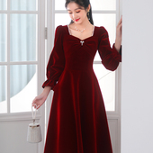 平时可穿丝绒连衣裙女 订婚礼服回门长袖 敬酒服新娘2024新款 春秋季