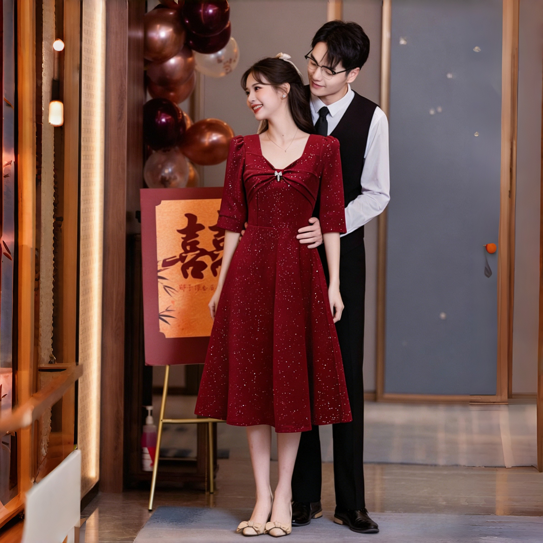 酒红方领修身晚礼服裙新娘敬酒图片