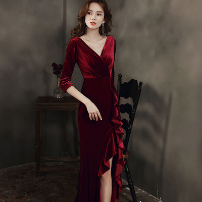 秋冬轻熟风丝绒V领长袖连衣裙女晚会性感开叉打底气质礼服长裙