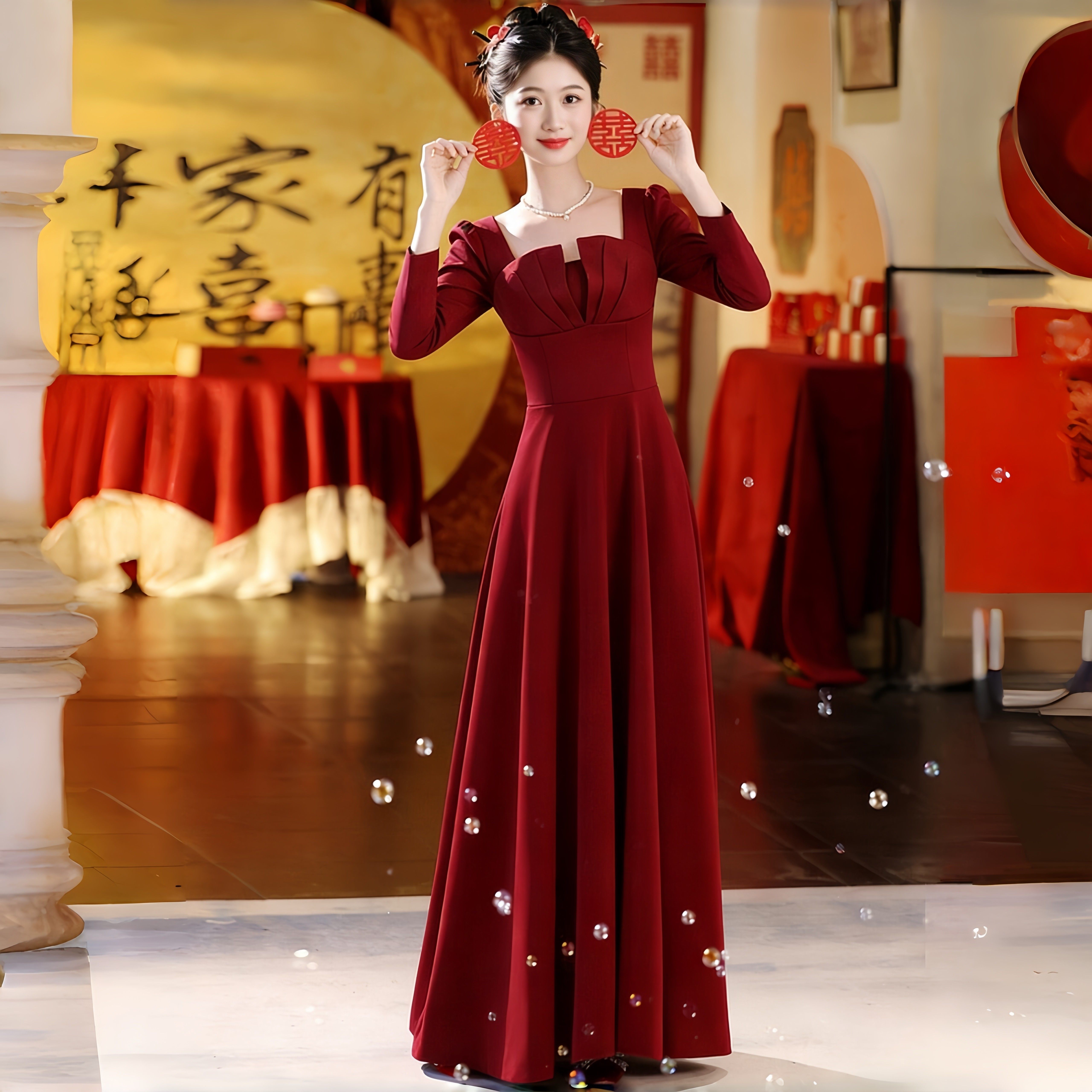 红色敬酒服女2026新款新娘结婚礼服A字裙方领高级感婚晚礼服裙子