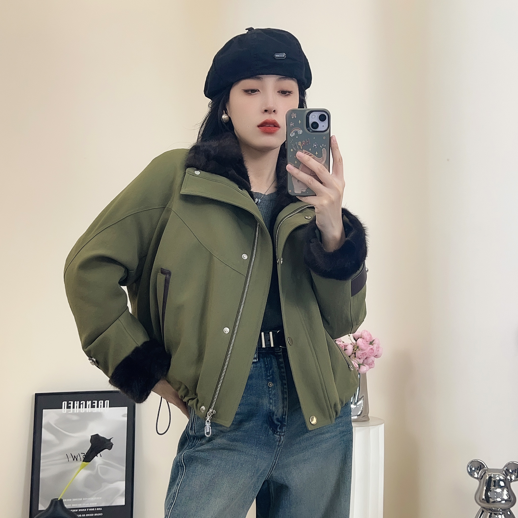 派克服水貂内胆皮草外套女短款