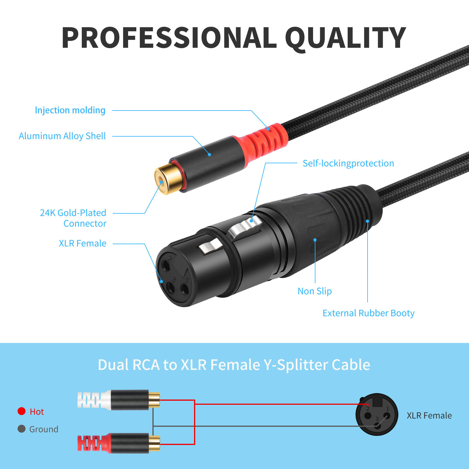 DEMINNA 3PIN XLR卡侬母转2RCA双莲花Y型一分二音频线0.3米