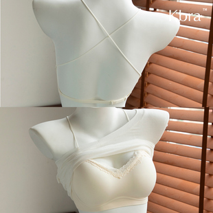 Kbra蕾丝性感交叉美背内衣女夏薄款聚拢收副乳防下垂细肩带文胸罩