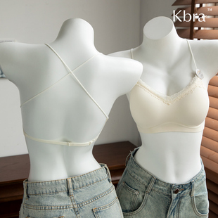 Kbra蕾丝性感交叉美背内衣女夏薄款聚拢收副乳防下垂细肩带文胸罩