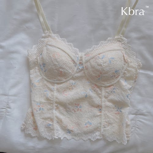 Kbra法式碎花蕾丝鱼骨吊带背心女