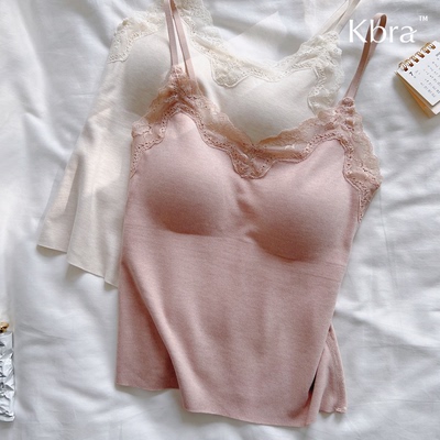 Kbra蕾丝v领保暖背心女2025新款冬季微磨毛自发热带胸垫内搭上衣