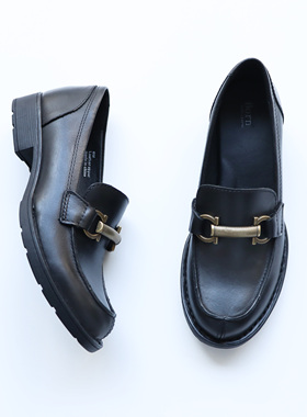 BORN原厂产新款马衔扣乐福鞋牛皮舒适套脚真皮复古粗跟休闲单鞋女