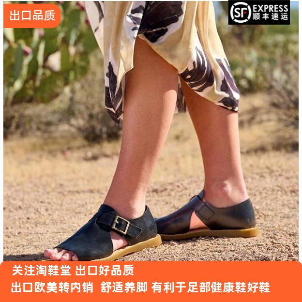 淘鞋堂足弓支撑女凉鞋出口美国时尚休闲真皮平底舒适魔术贴手工鞋